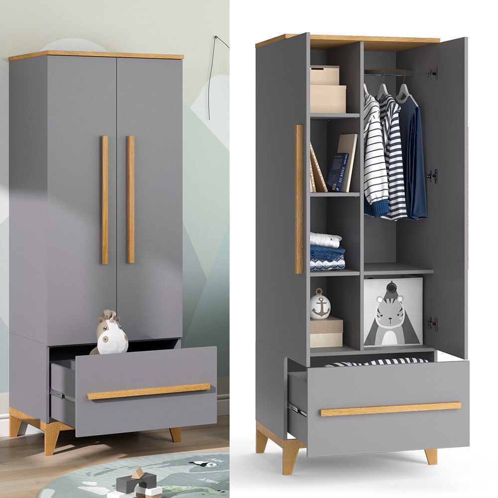 VitaliSpa Kleiderschrank Kinderzimmerschrank Aufbewahrungsschrank Malia Grau Eiche modern 70x187 cm Kinderzimmer Möbel Babymöbel Schublade Tür Fach Kleiderstange Ablage Babyzimmerschrank