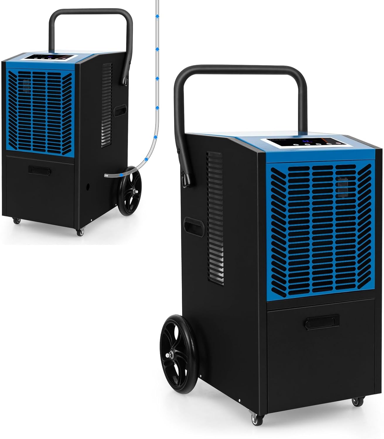 FANTASK Luftentfeuchter mit 4 Rädern, Bautrockner 66 L/Tag mit Pumpe & Ablaufschlauch, Industrie Trocknungsgerät mit 24H Timer für Keller Baustelle Lager, Blau