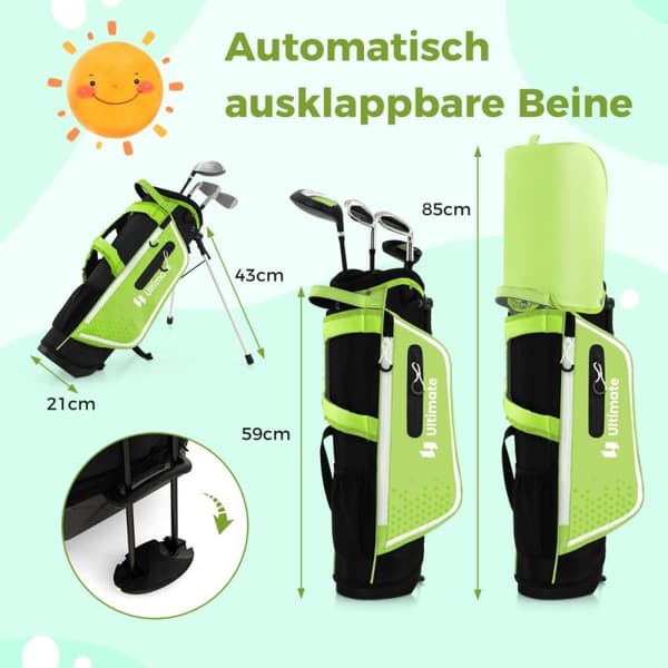 4-delt barnegolfkøllesett med golfbag og regntrekk for barn i alderen 5-7 år green