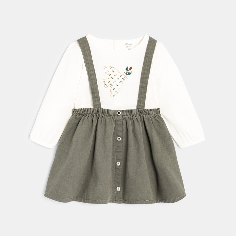 Robe à bretelles en twill et t-shirt oiseau verte bébé fille