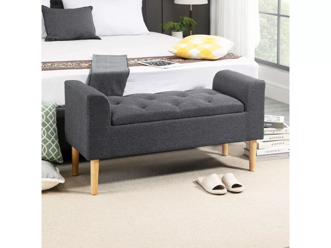 Banquette coffre de rangement 2 en 1 design Chesterfield assise capitonnée accoudoirs courbés pieds effilés bois d'hévéa aspect lin gris