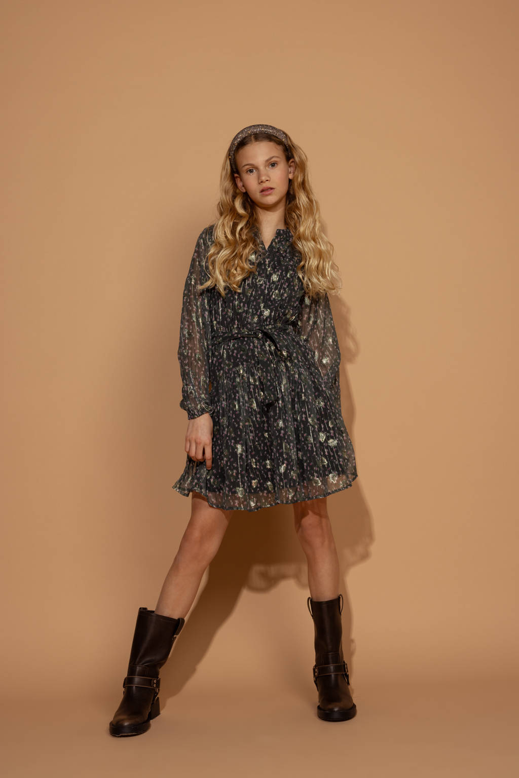 AI&KO jurk met all over print en glitters groen
