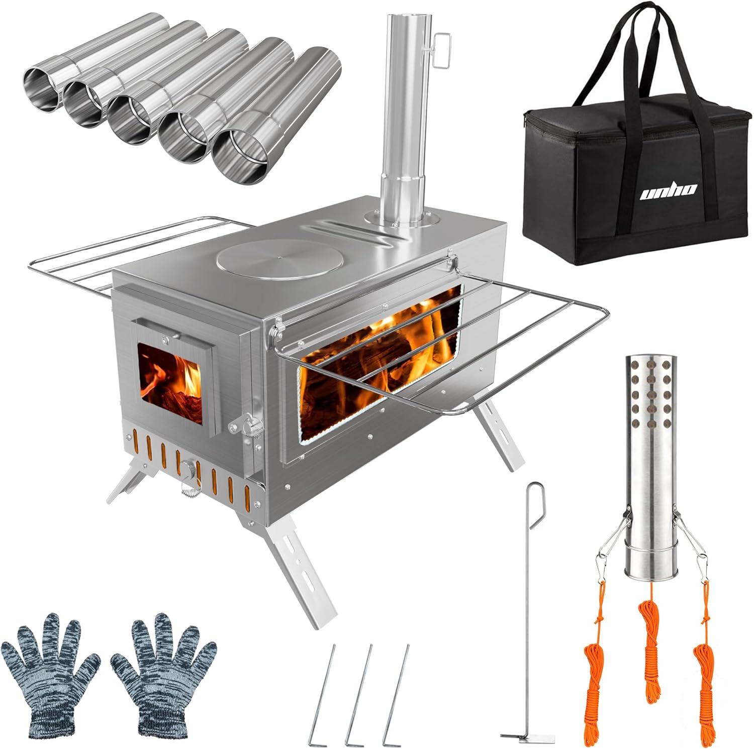 unho Zeltofen Gartenofen Tragbarer Holzofen, Campingherde Edelstahl Holzkocher mit 7 Rohren, Ideal für Camping im Zelt, Outdoor-Kochen und Gartenaktivitäten, 31 x 40 x 211 cm