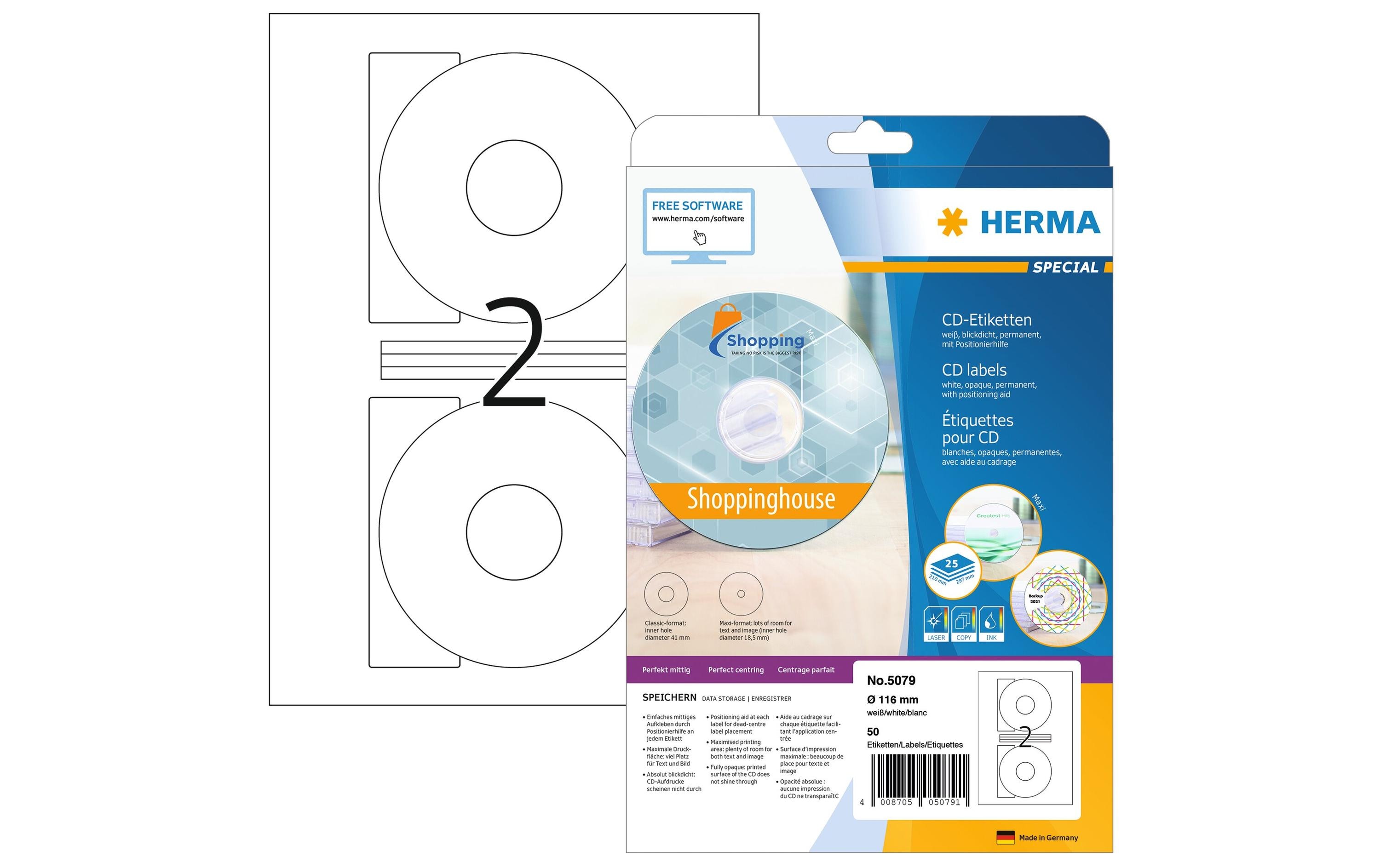 CD-Etiketten 5079 Ø 116 mm Weiss, 25 BlattBedruckbare und selbstklebende Etiketten für CD