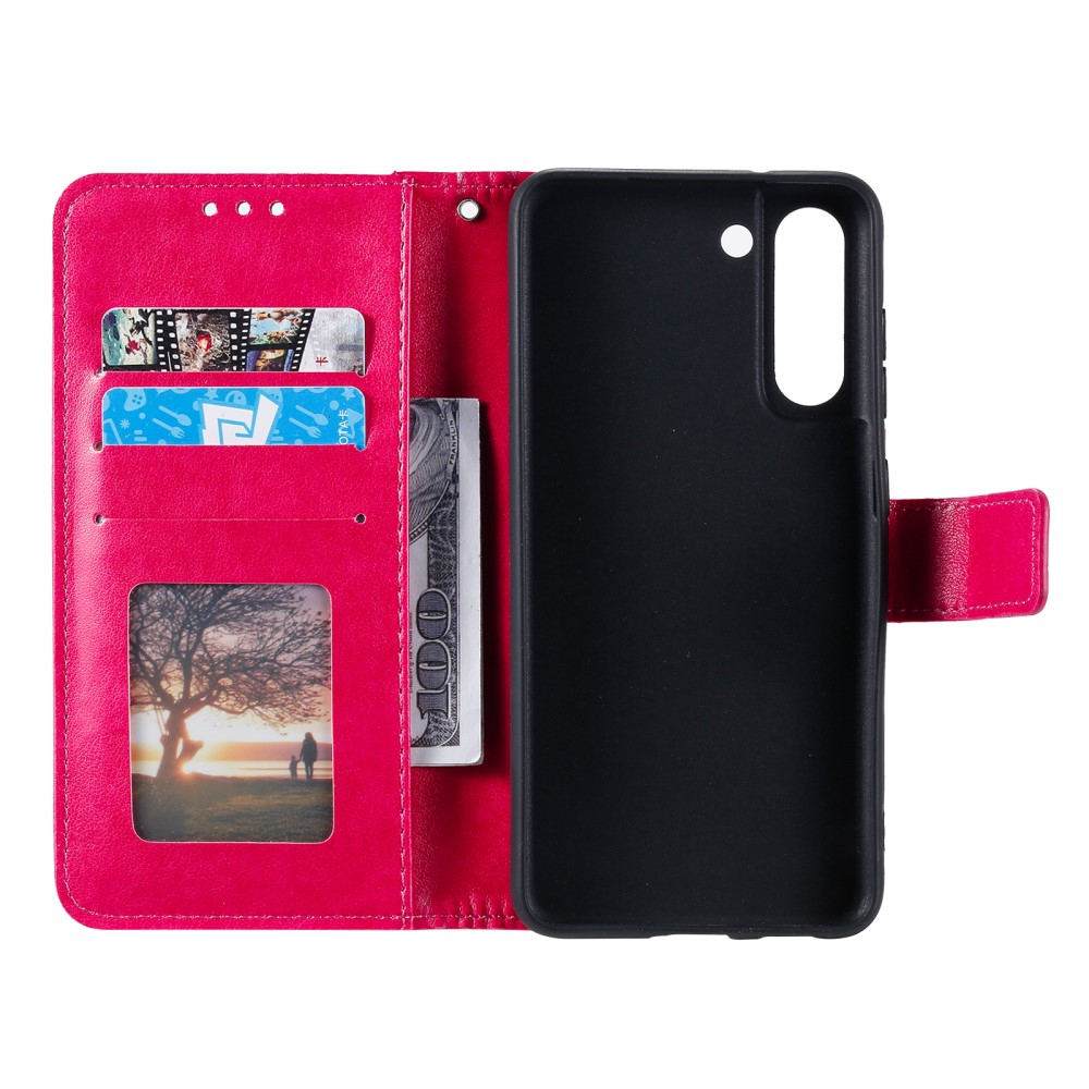 Samsung Galaxy S21 FE 5G Leder Tasche Wallet - Mandala Flowers Imprint - Rot / Pink