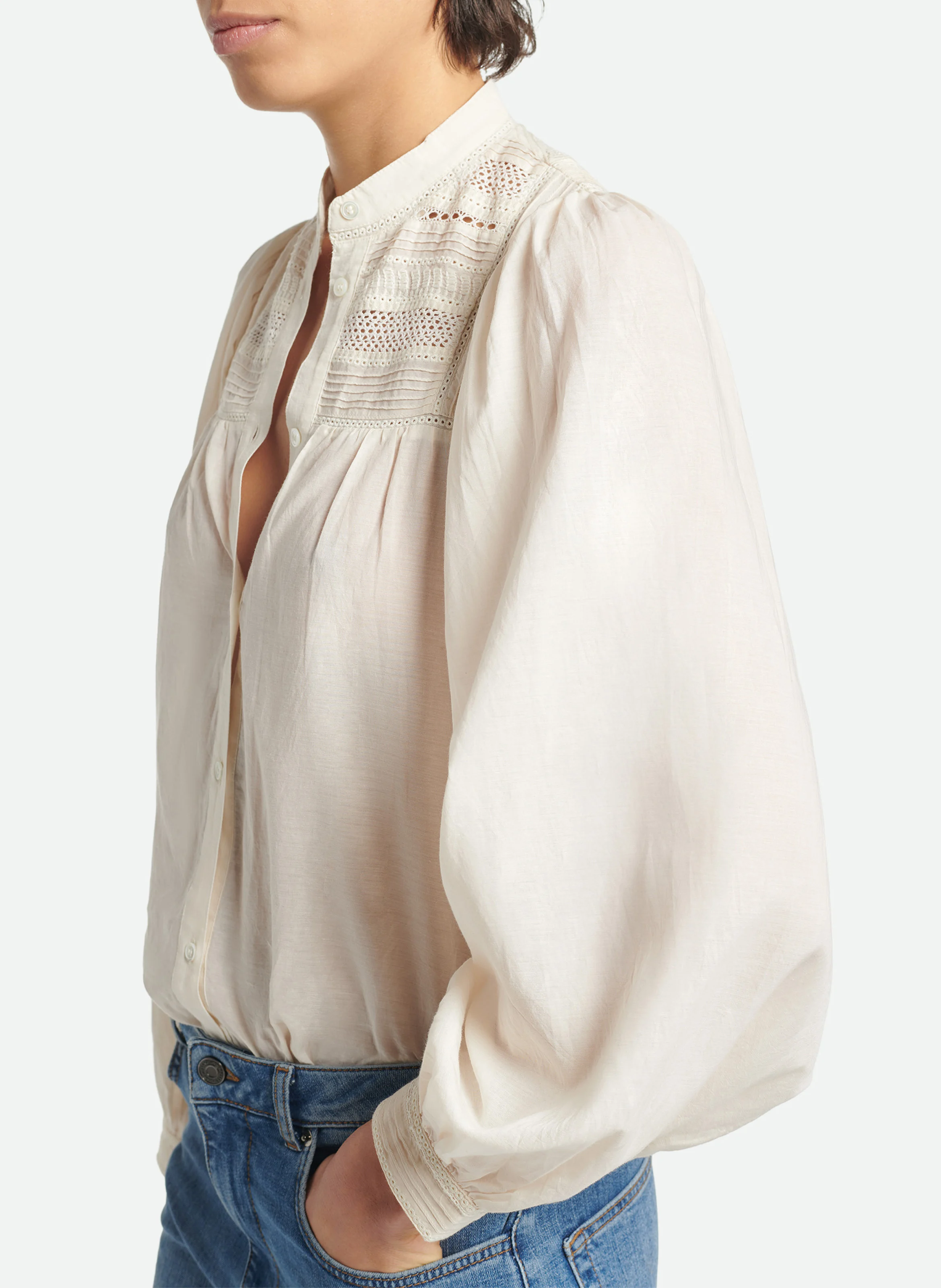 VALDO - Chemise col mao en coton brodé | Blanc