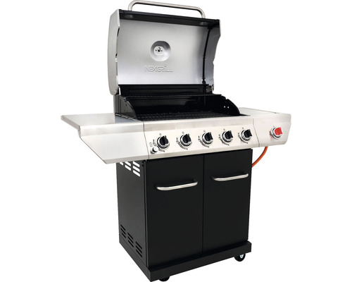 Nexgrill 5-pits gasbarbecue + zijbrander, zwart, inclusief opbergplank, dekselthermometer, geëmailleerde gietijzeren planchaplaat, vetopvangbak, grillpan, grillrooster, krachtige warmtezone, zijplank, warmhoudrek. Geëmailleerd gietijzeren grillrooste