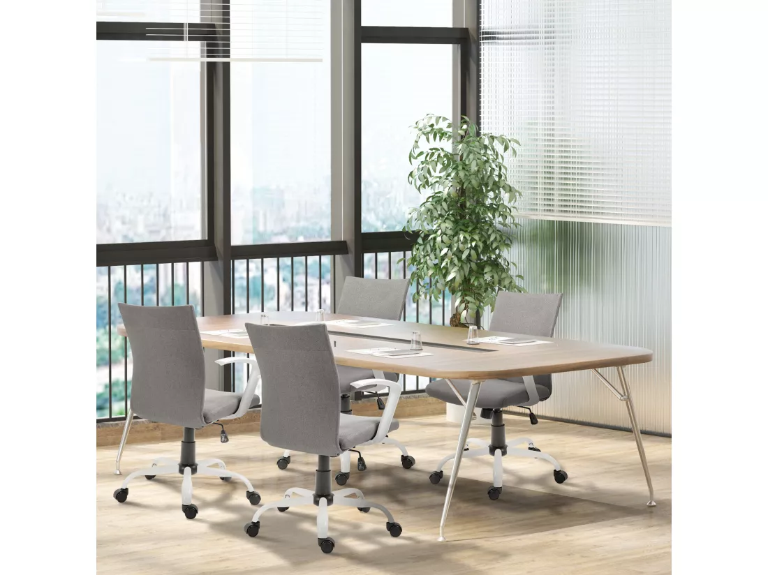 Chaise de bureau ergonomique hauteur réglable pivotante 360° piètement acier blanc lin gris clair