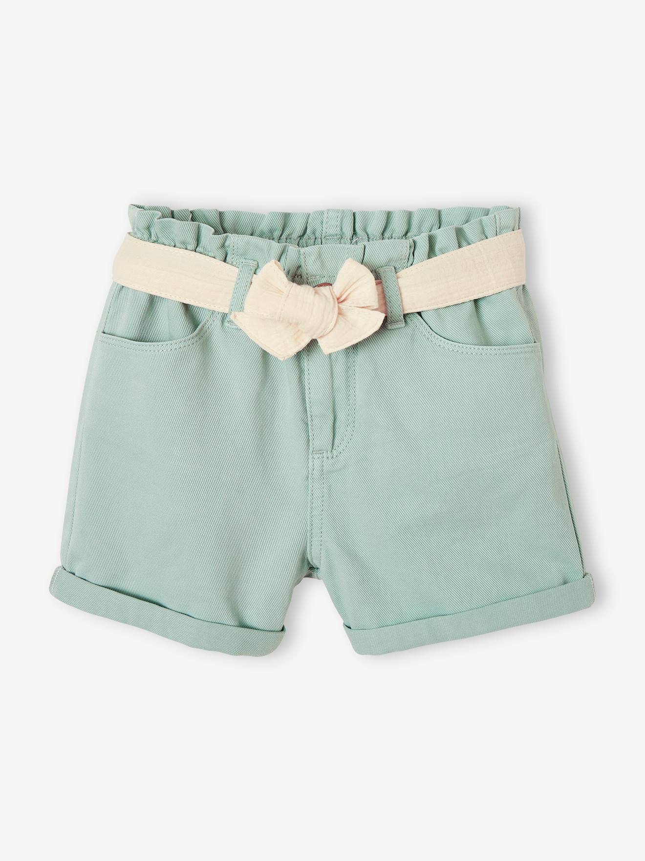 Shorts estilo paperbag com cinto de chiffon de algodão para meninas na cor verde-água