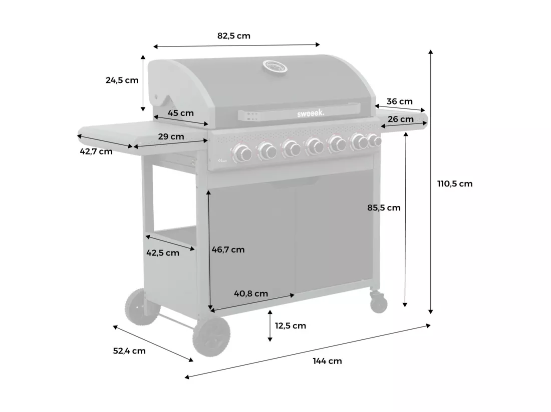 Barbecue au gaz Edmond noir - 6 brûleurs + 1 feu latéral. avec thermomètre. L 132x P62 x H143 cm