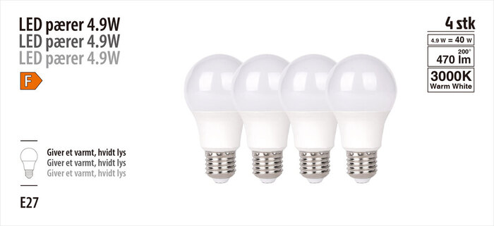 LED-pære standard 4,9 W E27 4-pk.