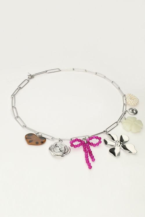 Bedel ketting met schakel en multikleur bloemen bedels