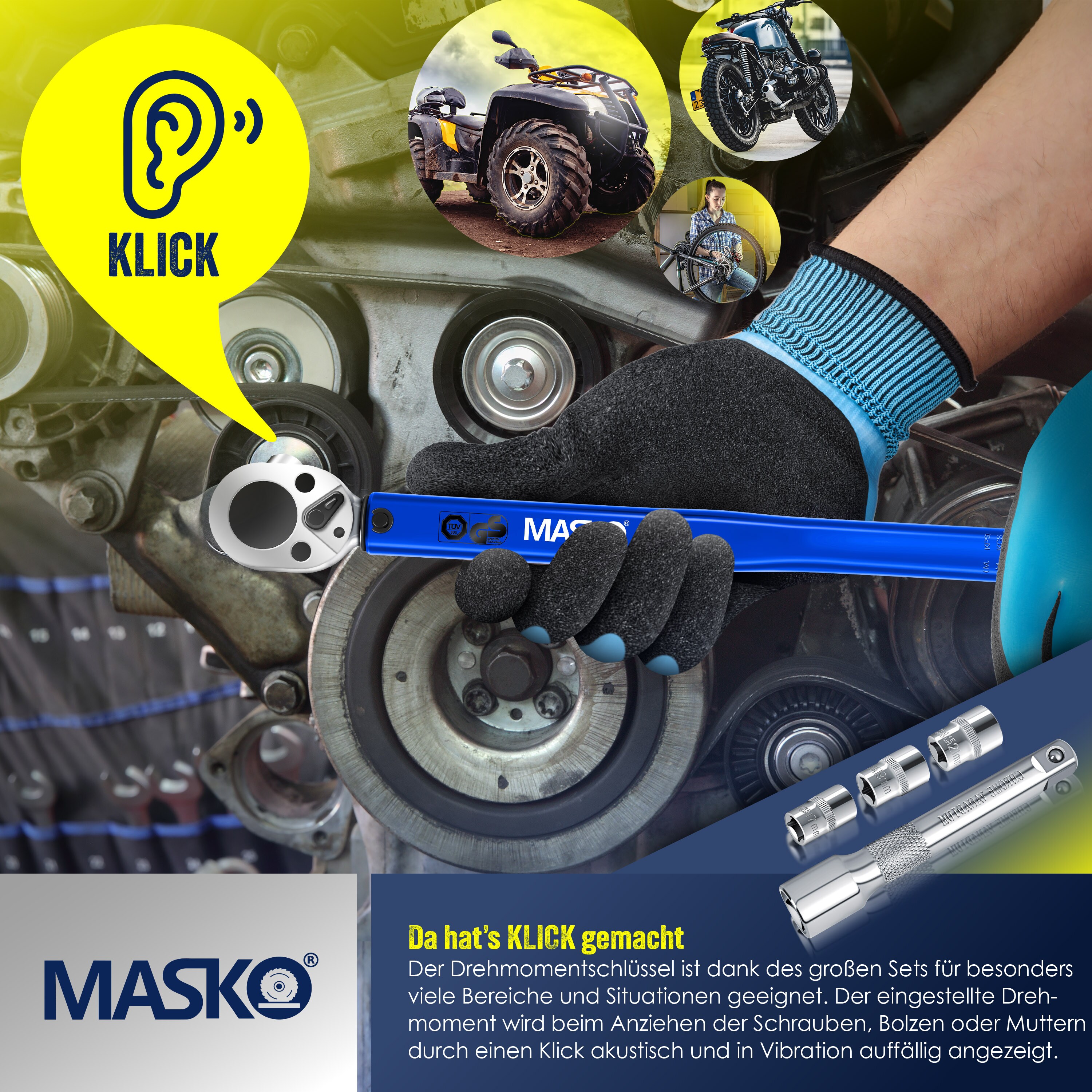 MASKO® Drehmomentschlüssel 6tlg. Set 40-210Nm 1/2 ' CV inkl. 3 Stecknüssen 17mm, 19mm, 21mmund Verlängerung 125mminkl. Koffer +/- 4% ToleranzReifenschlüssel Auto Drehmoment-Schlüssel