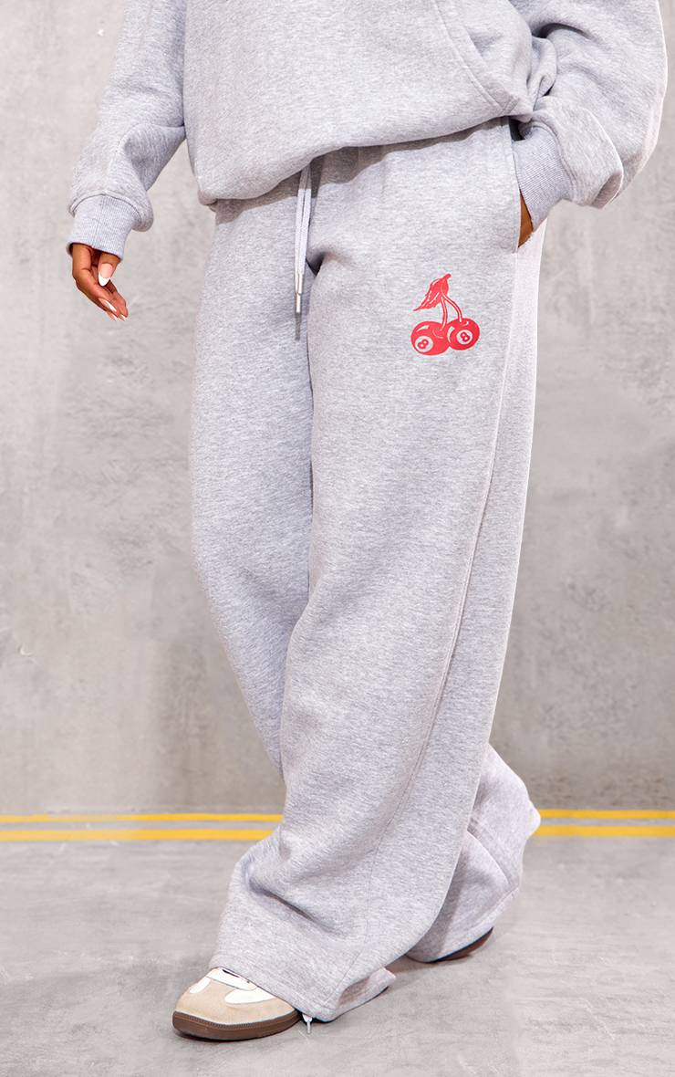Gris Chiné Jogging Large À Jambes Amples Imprimé Cerises