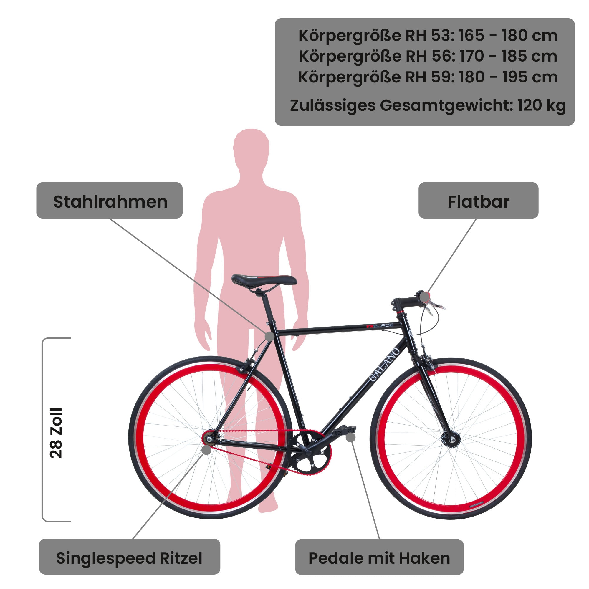 Galano Blade Fixie Fahrrad 28 Zoll Singlespeed 165 - 195 cm retro Urban Bike mit Flip Flop Nabe für Fixed Gear und Freilauf