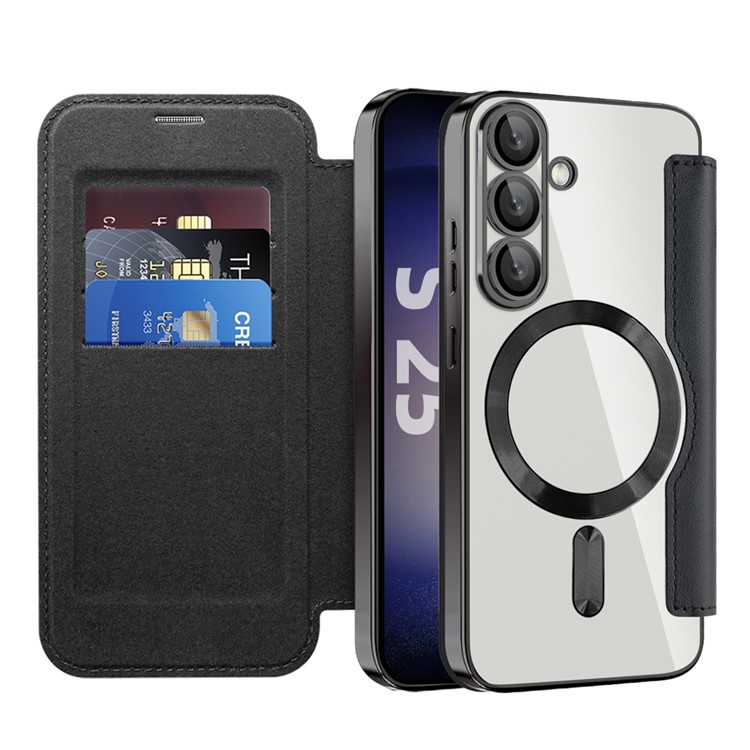 Samsung Galaxy S25 Hybrid Leder Tasche   Kunststoff Rückseite MagSafe-Modul (RFID Schutz) - Schwarz / Transparent