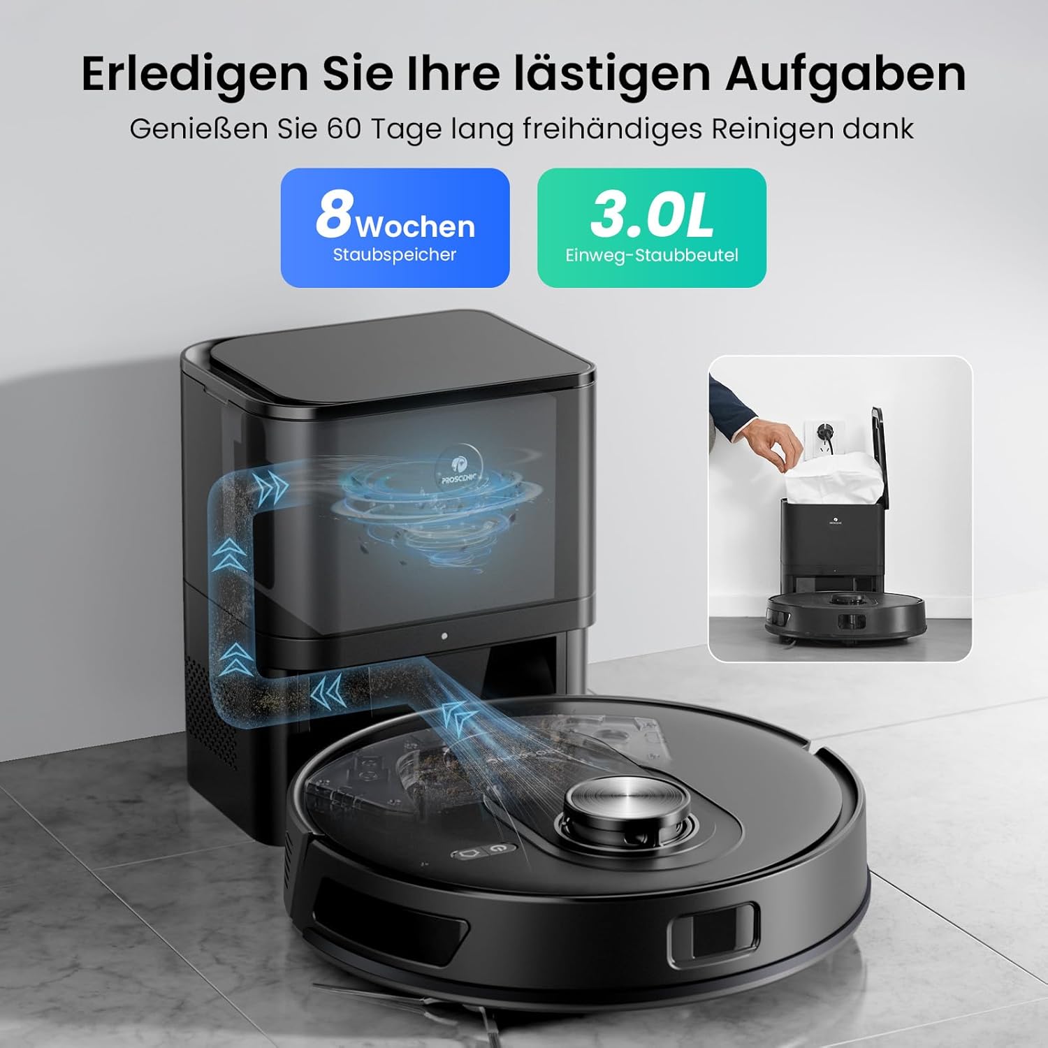 Proscenic Q8 Max+ Saugroboter mit Wischfunktion, 8000Pa 200min Staubsauger Roboter mit 3L Staubbeutel, Lidar-Navigation, intelligente Hindernisvermeidung, App Sprachsteuerung, für Hartböden Teppiche