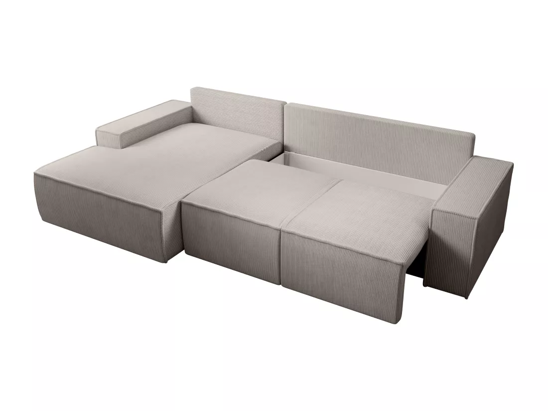 Grand canapé d'angle gauche convertible en velours côtelé beige AMELIA