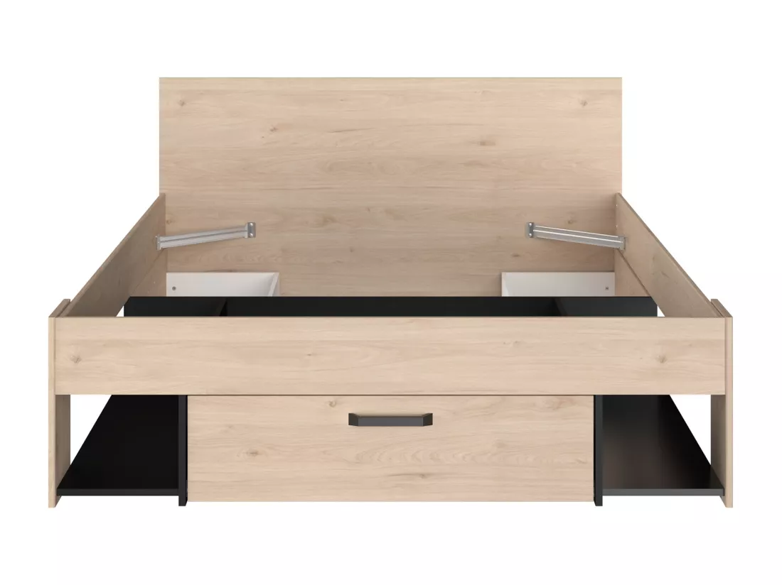 Lit 140 x 190/200 cm avec tête de lit et rangements - Coloris : Naturel et noir - KINSELIA