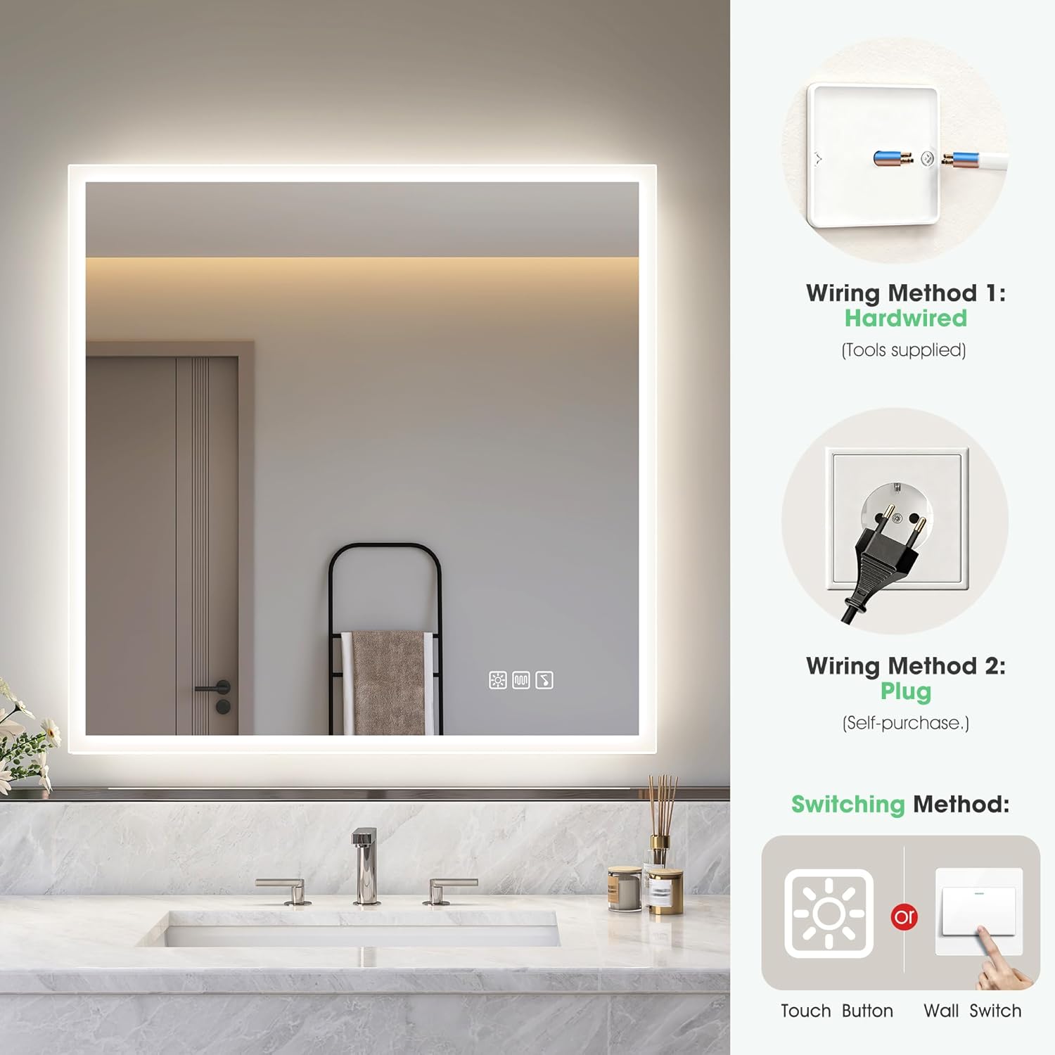 S'bagno Badezimmer-Spiegel-mit-Beleuchtung 80x80cm, LED-Badspiegel-mit-Beleuchtung, Bluetooth, Entfoggen, 3 Farben, Dimmbar, Speicherfunktion, Gehärtetes Glas, IP44 Wasserdicht, Horizontal/Vertikal
