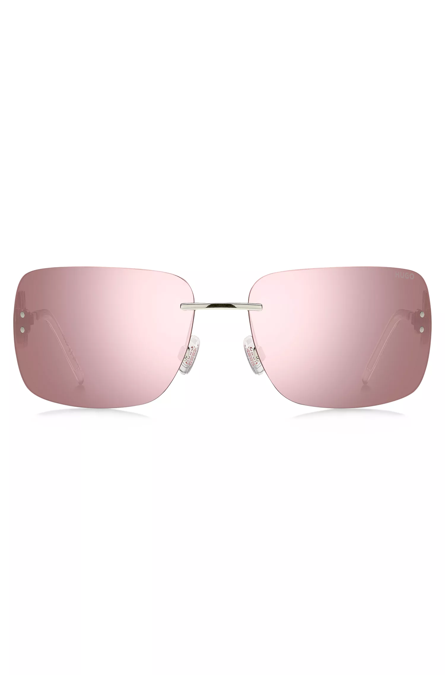 Óculos de sol HUGO com lentes rosa-avermelhadas e hastes com logotipos sobrepostos.