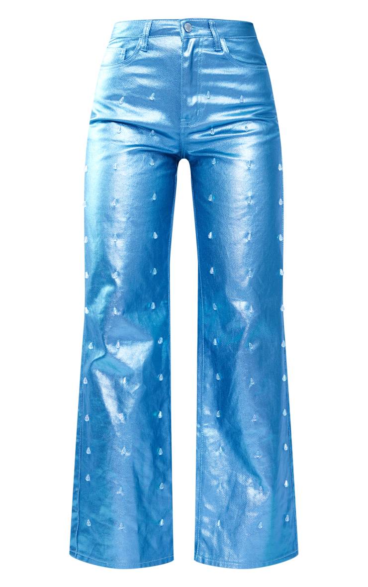 Bleu Jean Large En Denim Enduit Métallisé Orné De Strass