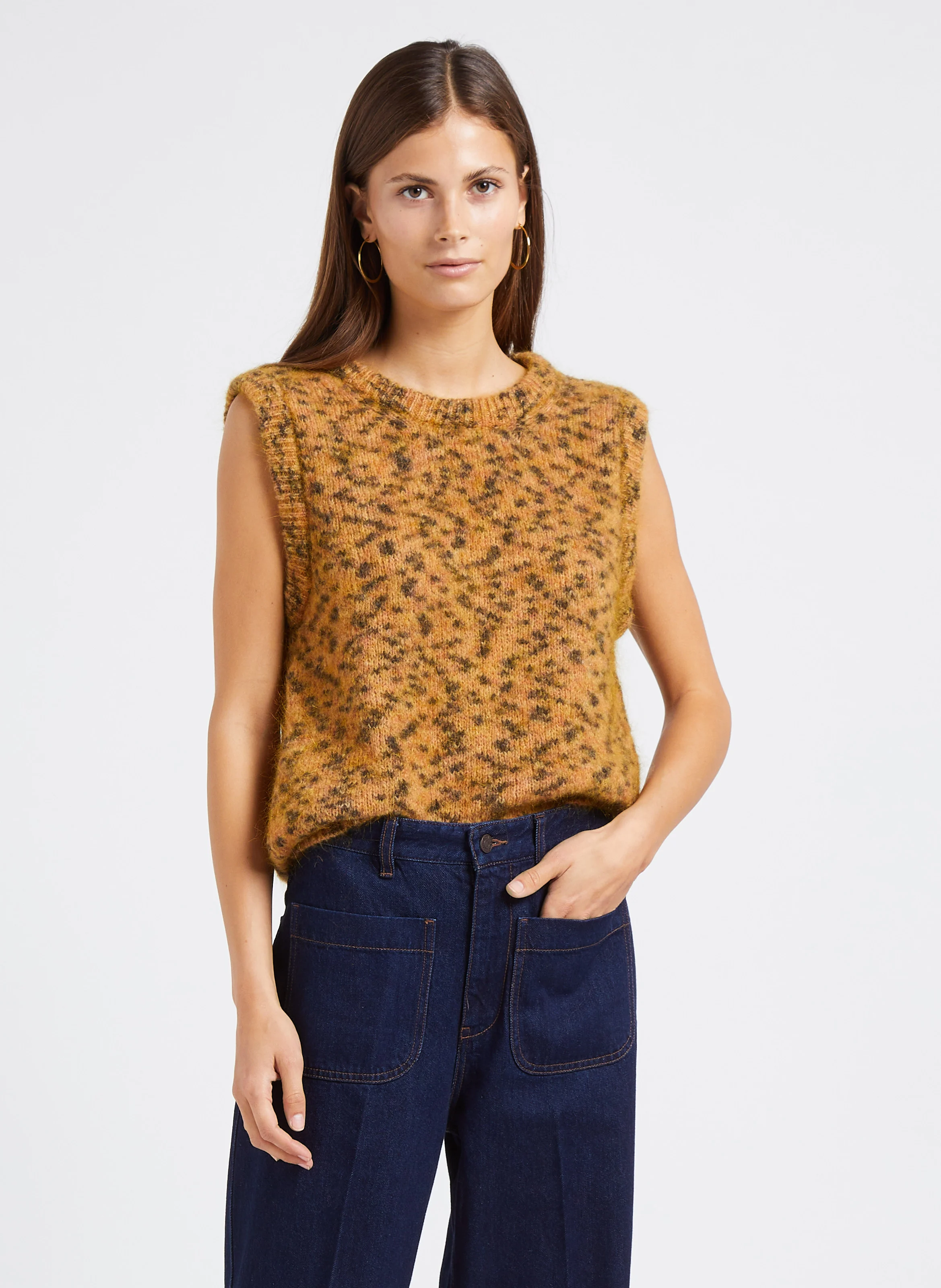 MALEO - Pull sans manches col rond jacquard en laine mélangée| Beige