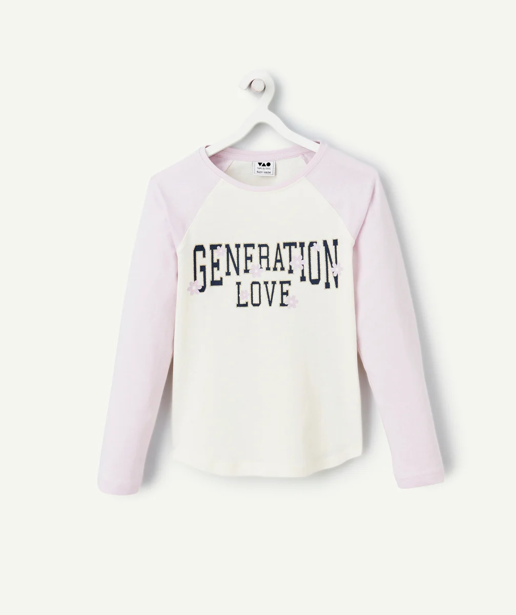T-SHIRT FILLE EN COTON BIO MAUVE ET BLANC AVEC MESSAGE PAILLETÉ