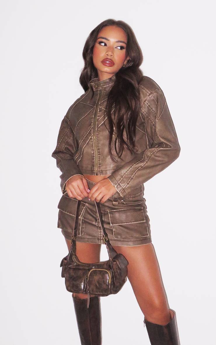 Washed Brown Ensemble Coordonné Mini-jupe En Synthétiquecuir Avec Détail De Poches Petite