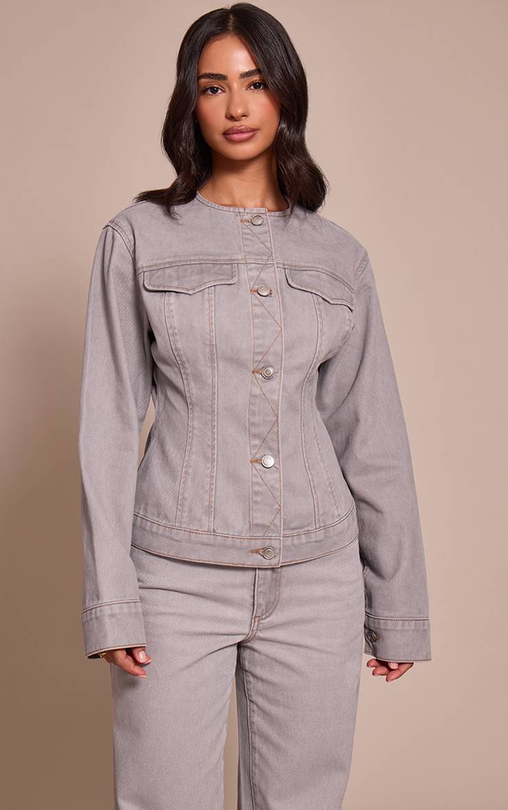 Washed Grey Chemise En Jean Boutonnée Avec Détail D'encolure Petite