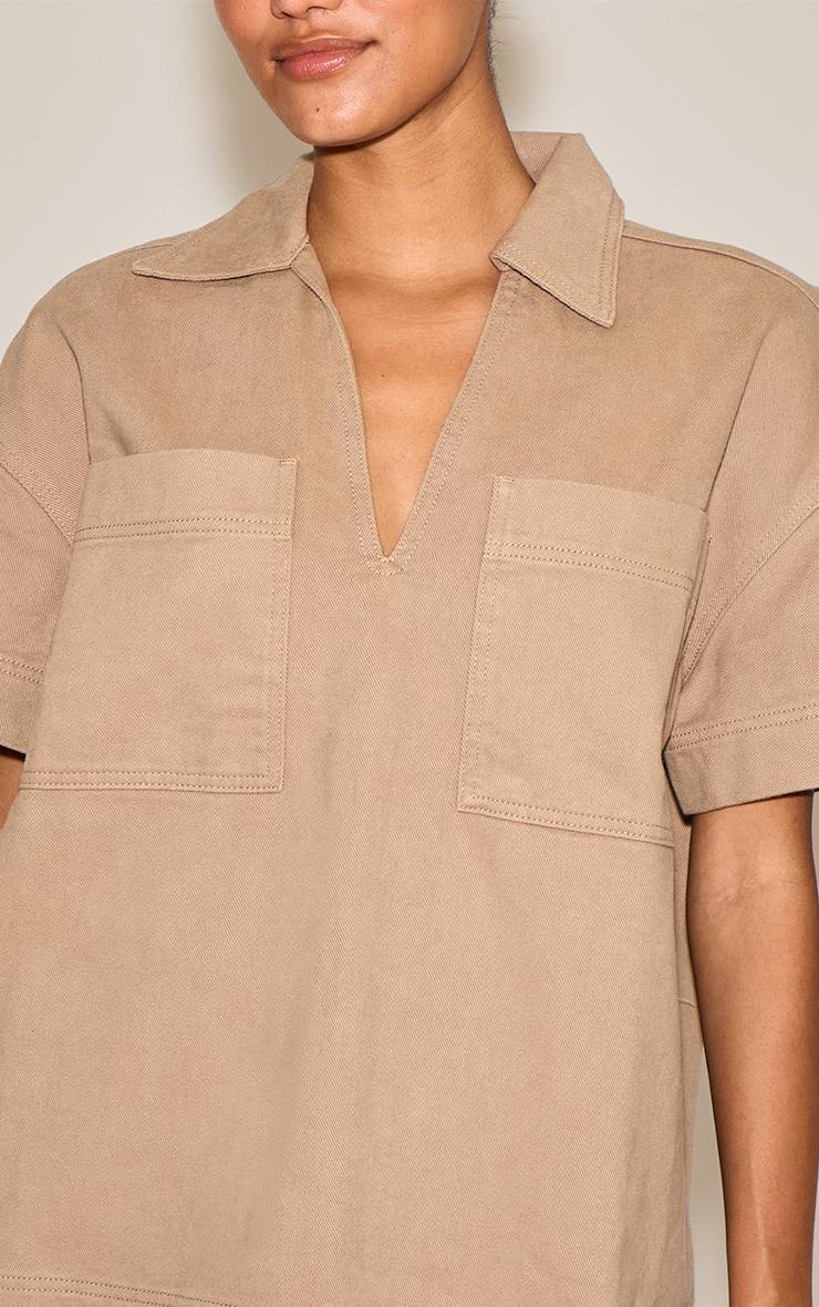 Gris Pierre Chemise Rugby En Denim À Manches Courtes Coupe Ample Avec Poches Détaillées