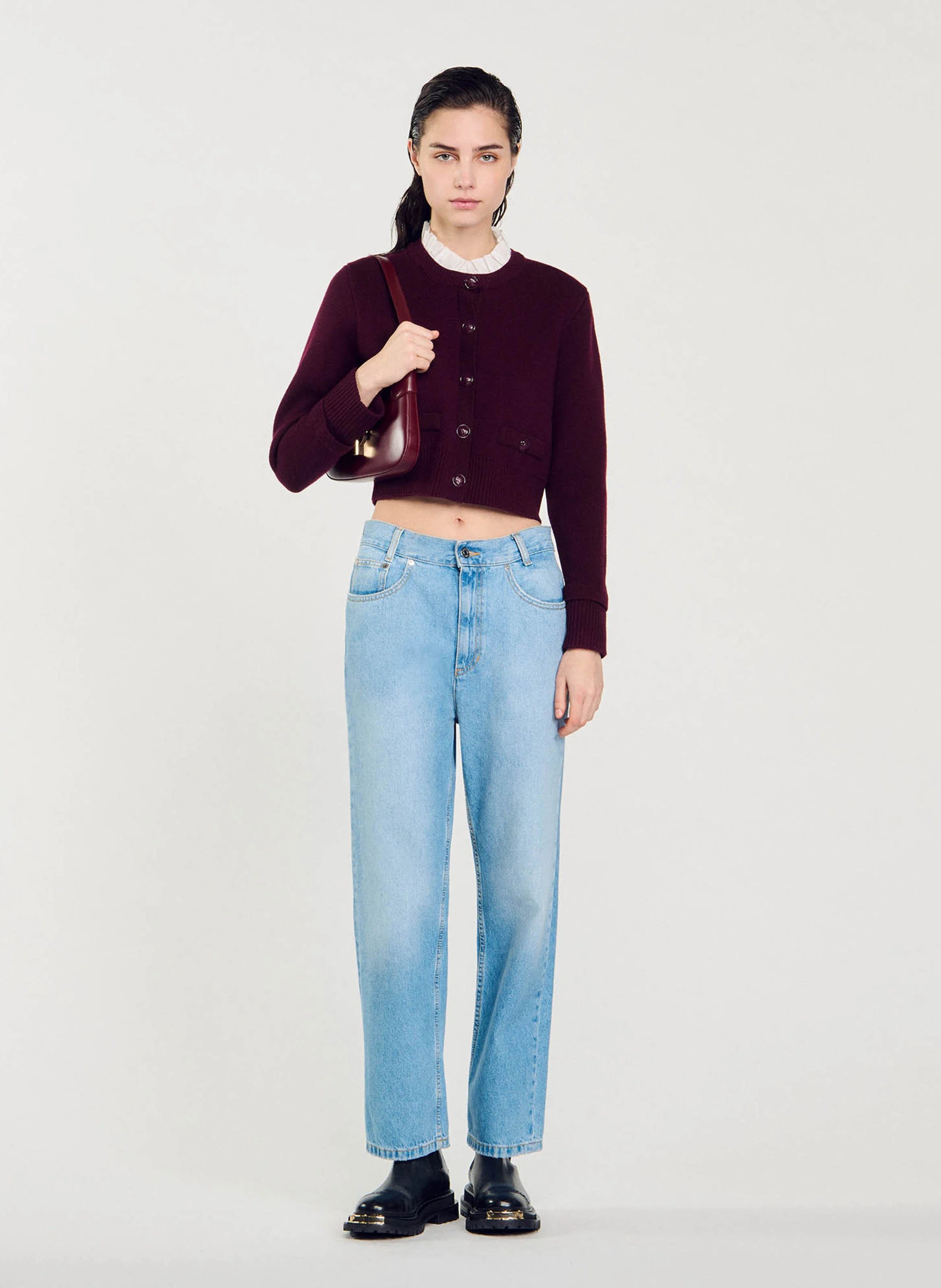 Cardigan droit col rond amovible en maille | Rouge