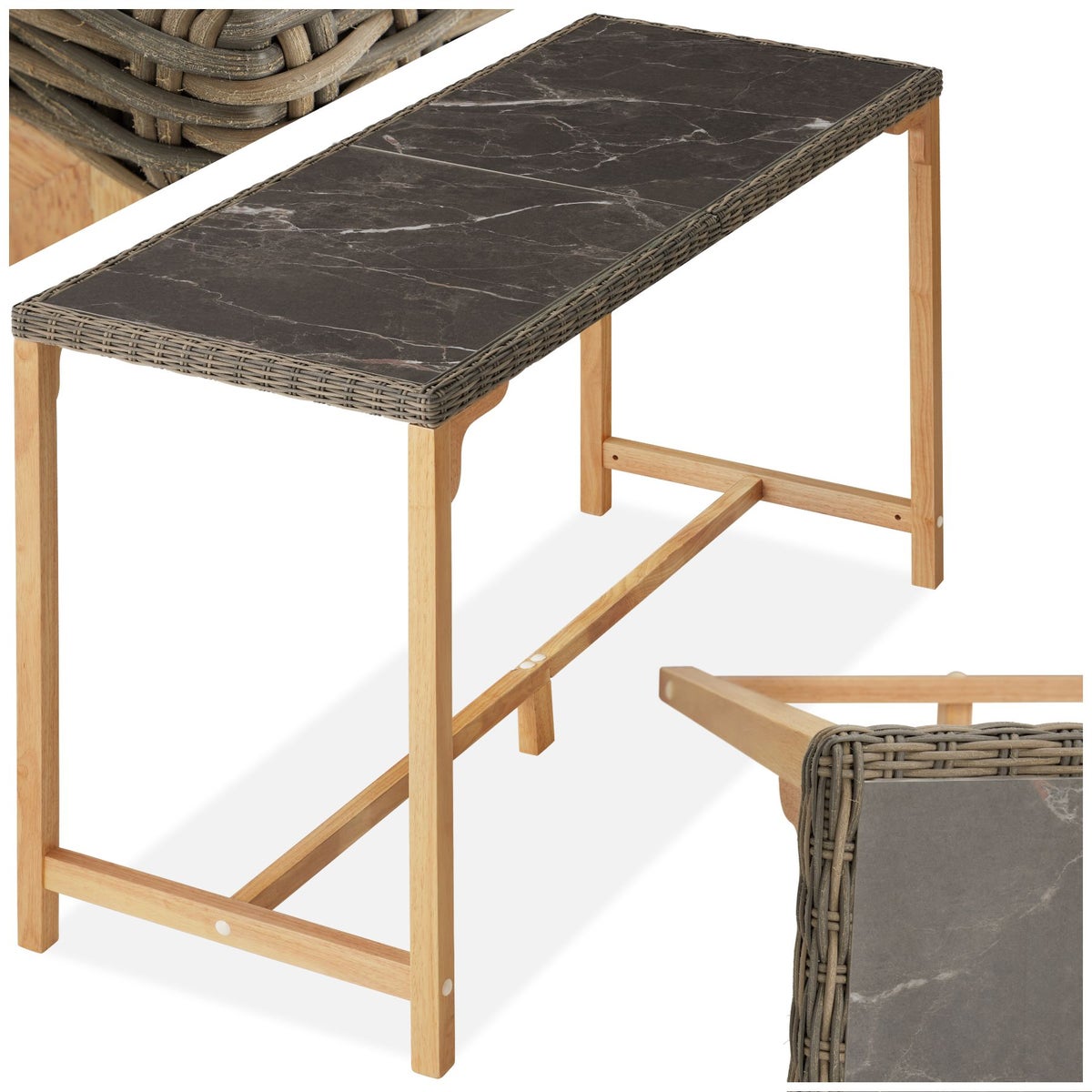 Rotan tafel tectake Lovas met aluminium en houten frame 161 x 64,5 x 99,5 cm