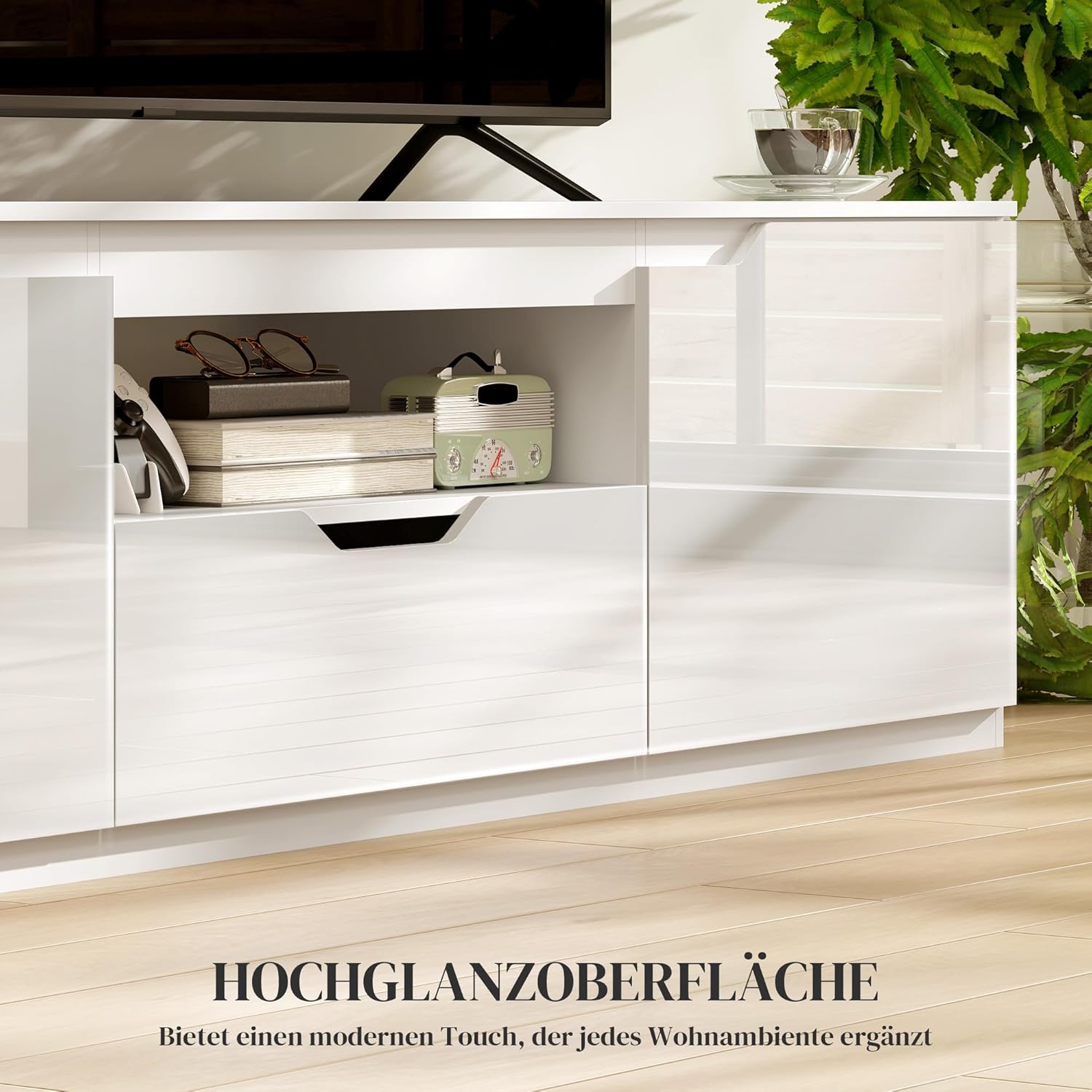 HOMCOM TV Schrank Lowboard mit 2 Türen, Schublade, 160 cm lang Fernsehtisch für Fernseher bis zu 65 Zoll, TV Board mit Kabelmanagement für Wohnzimmer, Weiß