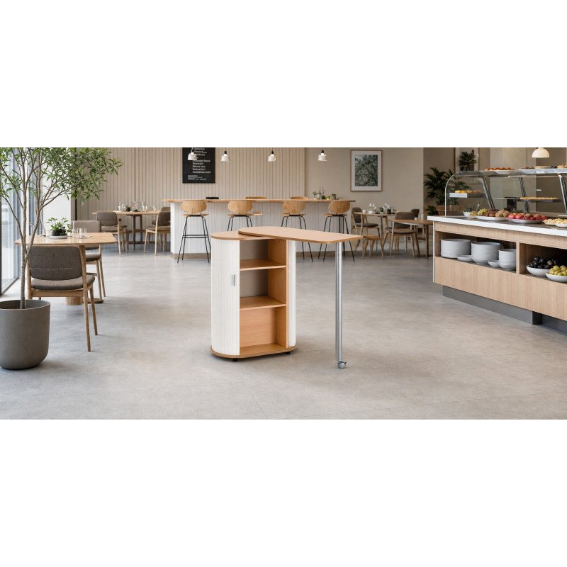 Meuble cafétéria plateau hêtre - rideau blanc