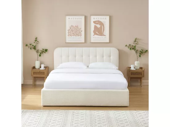 Torgo - Lit coffre matelassé en tissu bouclette 160x200cm - Ecru