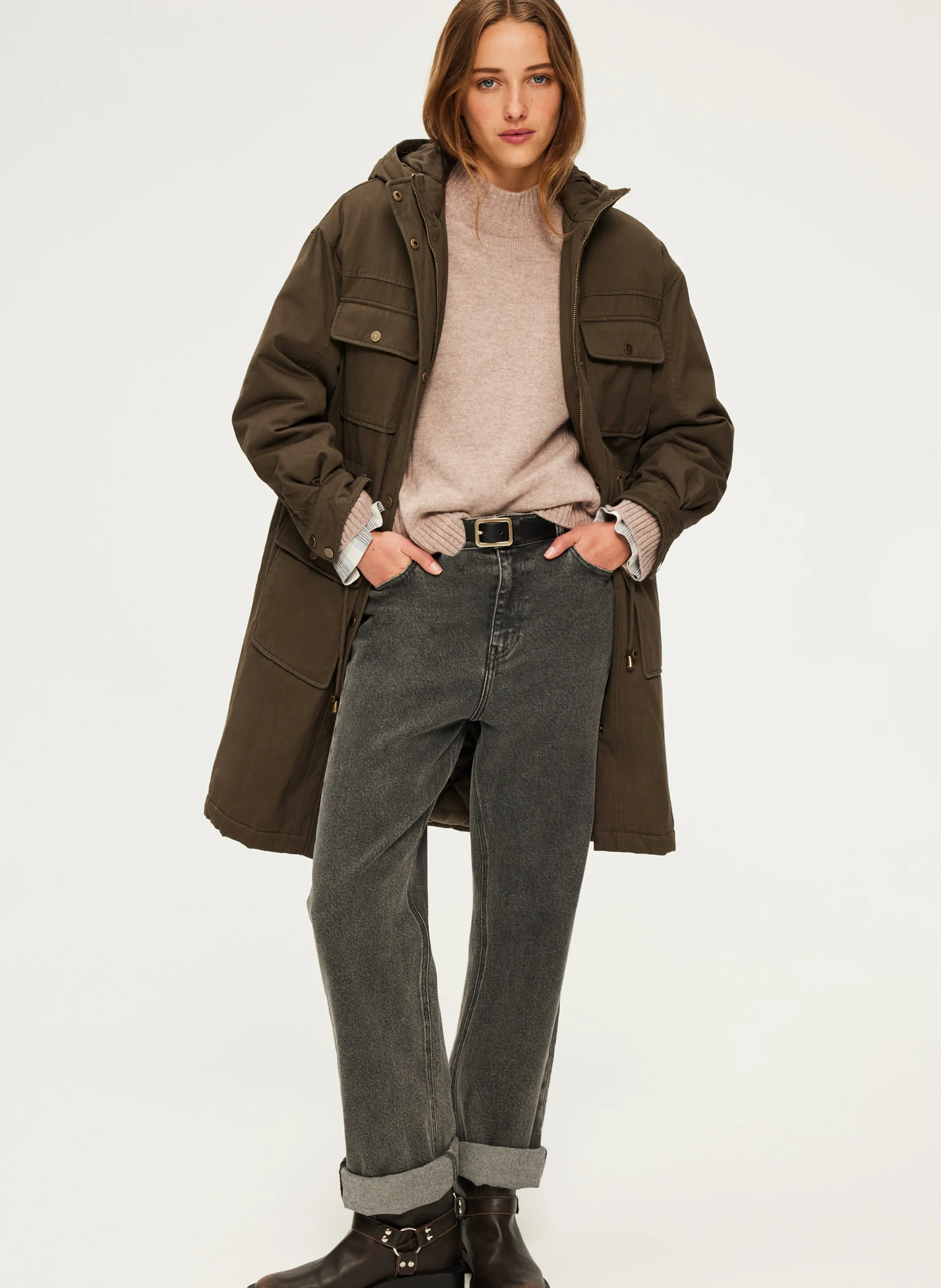 LISE - Parka droite col montant en coton | Kaki