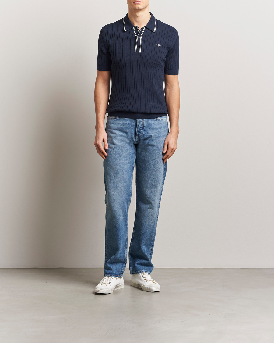 GANT Ribbed Cotton Knitted Polo Evening Blue