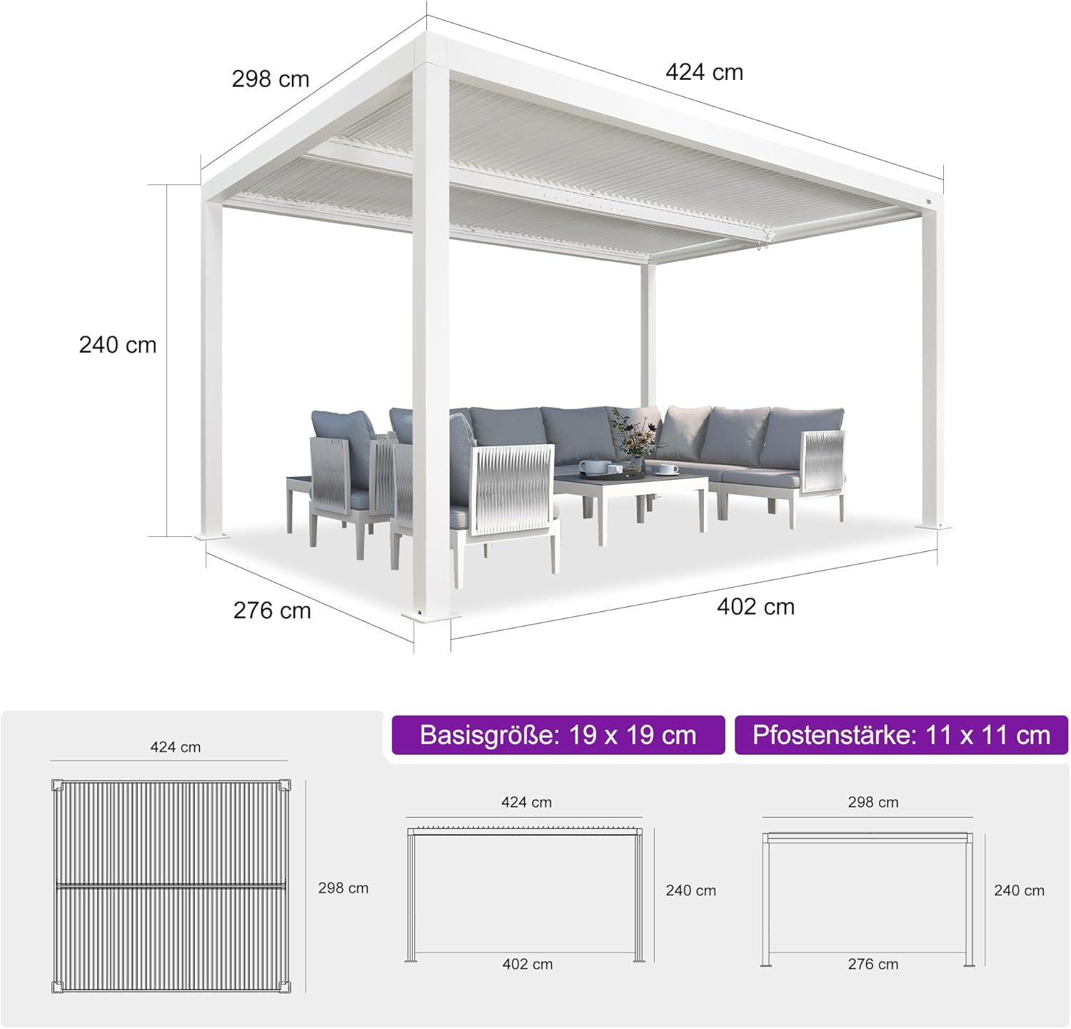 PURPLE LEAF Pavillon 3 x 4.25 m mit Sonnenrollo Wasserdicht Stabil Winterfest Alu Pergola mit Lamellendach Terrassenüberdachung für Gartren, 1 Lange Seite und 1 Kurze Seite für Terrasse, Weiß