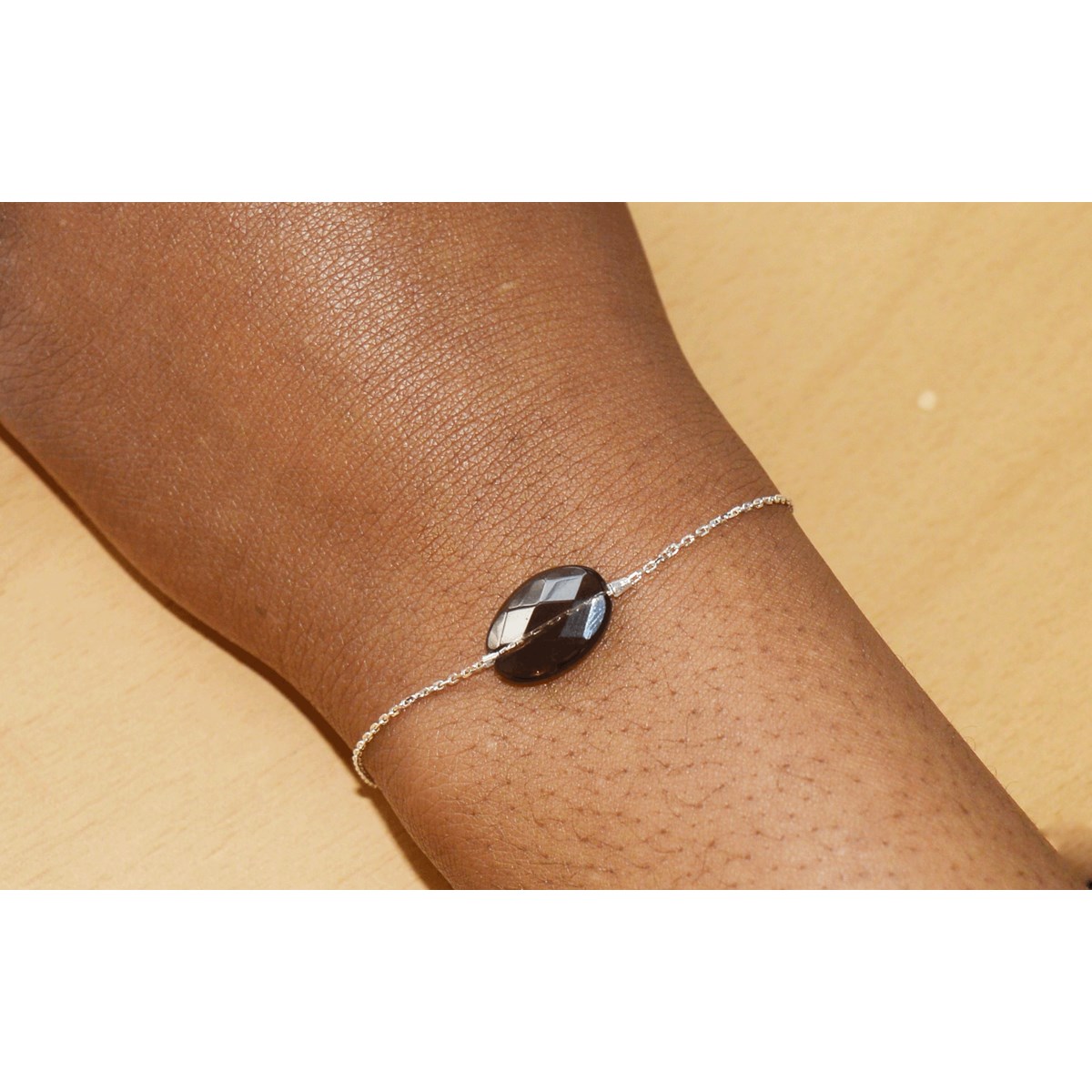 Bracelet chaînette & perle de quartz  fumé en argent 925