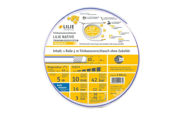 Lilie Native Trinkwasserschlauch für Warm- oder Kaltwasser 10x16 mm