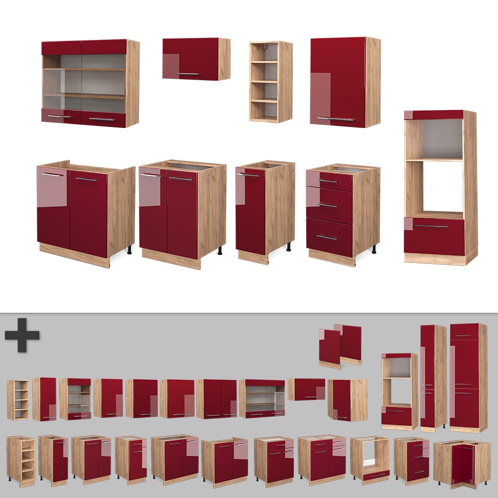 Vicco Küchenzeile Küchenblock Einbauküche Fame-Line Eiche Bordeaux Rot 280 cm modern Spülenunterschrank Unterschrank Schubunterschrank Hängeschrank Mikrowellenschrank Apothekerunterschrank