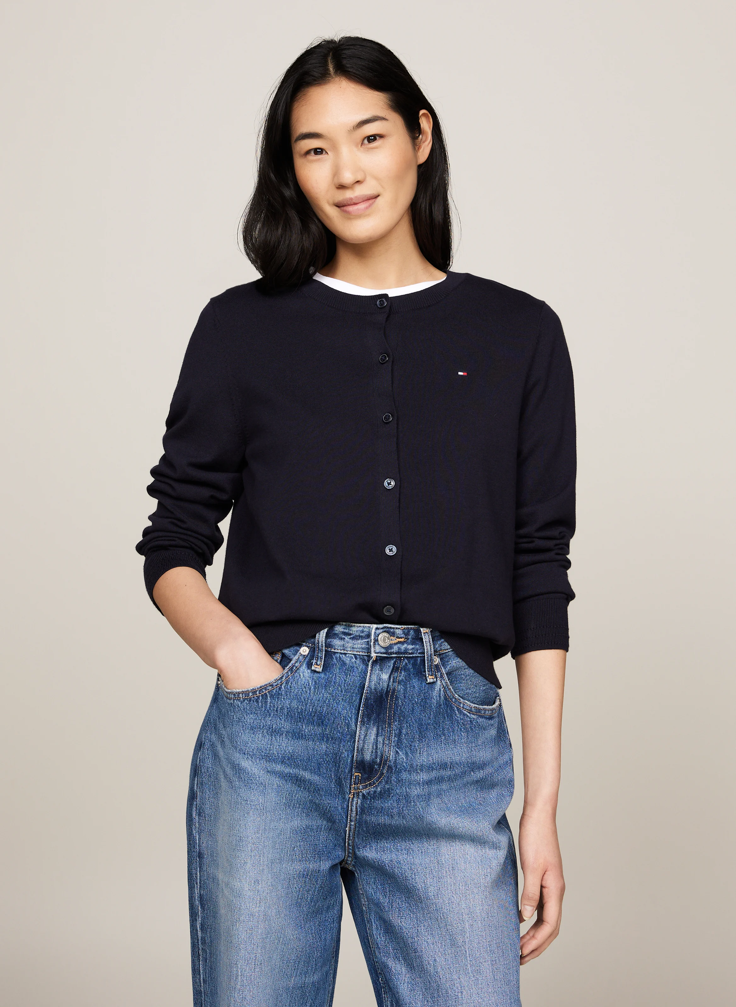 Gilet col rond en coton bio mélangé | Bleu