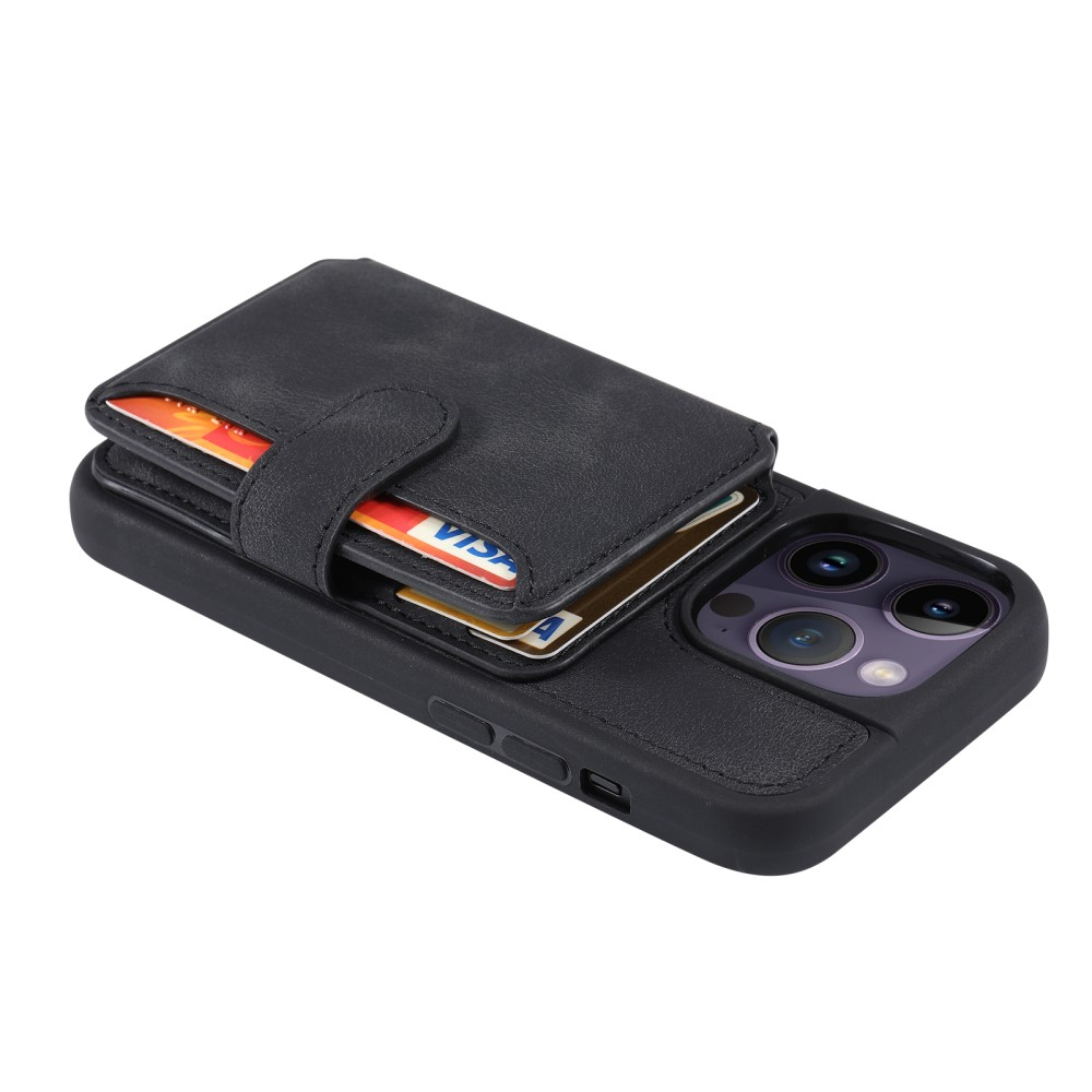 iPhone 15 Pro Hardcase Leder Hülle mit Kartenfach (RFID Schutz) - Schwarz