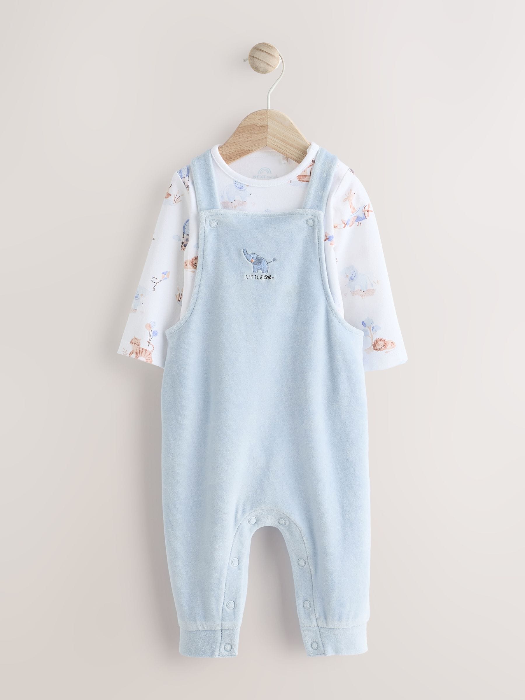 Blauw met olifantenprint - Baby Velour Dungarees and Bodysuit Set (0mths-3yrs)