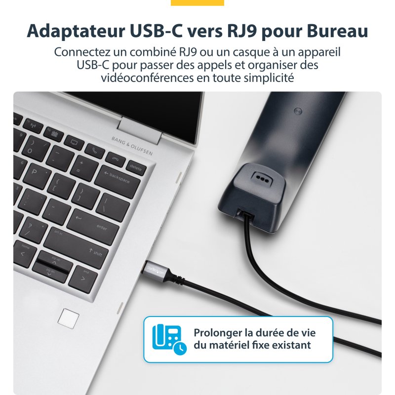 StarTech.com Adaptateur USB-C vers RJ9 pour Combiné Téléphonique de Bureau ou Casque Filaire/Sans Fil, Utilise le Matériel Fixe Existant, 1,8m, pour Ordinateur Portable/de Bureau/Mobile