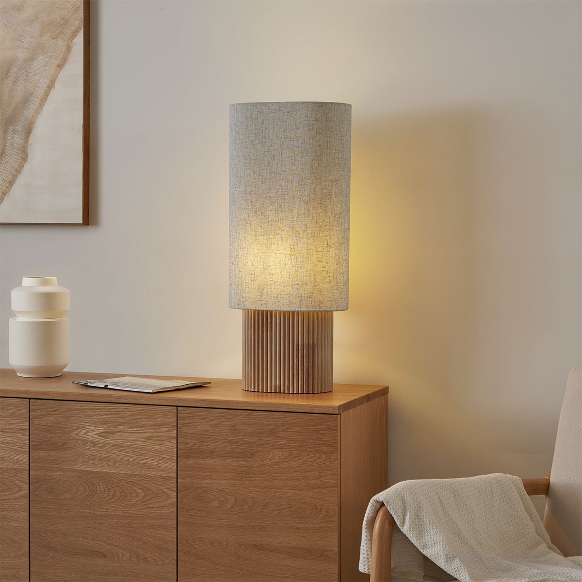 Japandi vloerlamp hout met linnen kap 70cm - Lamel