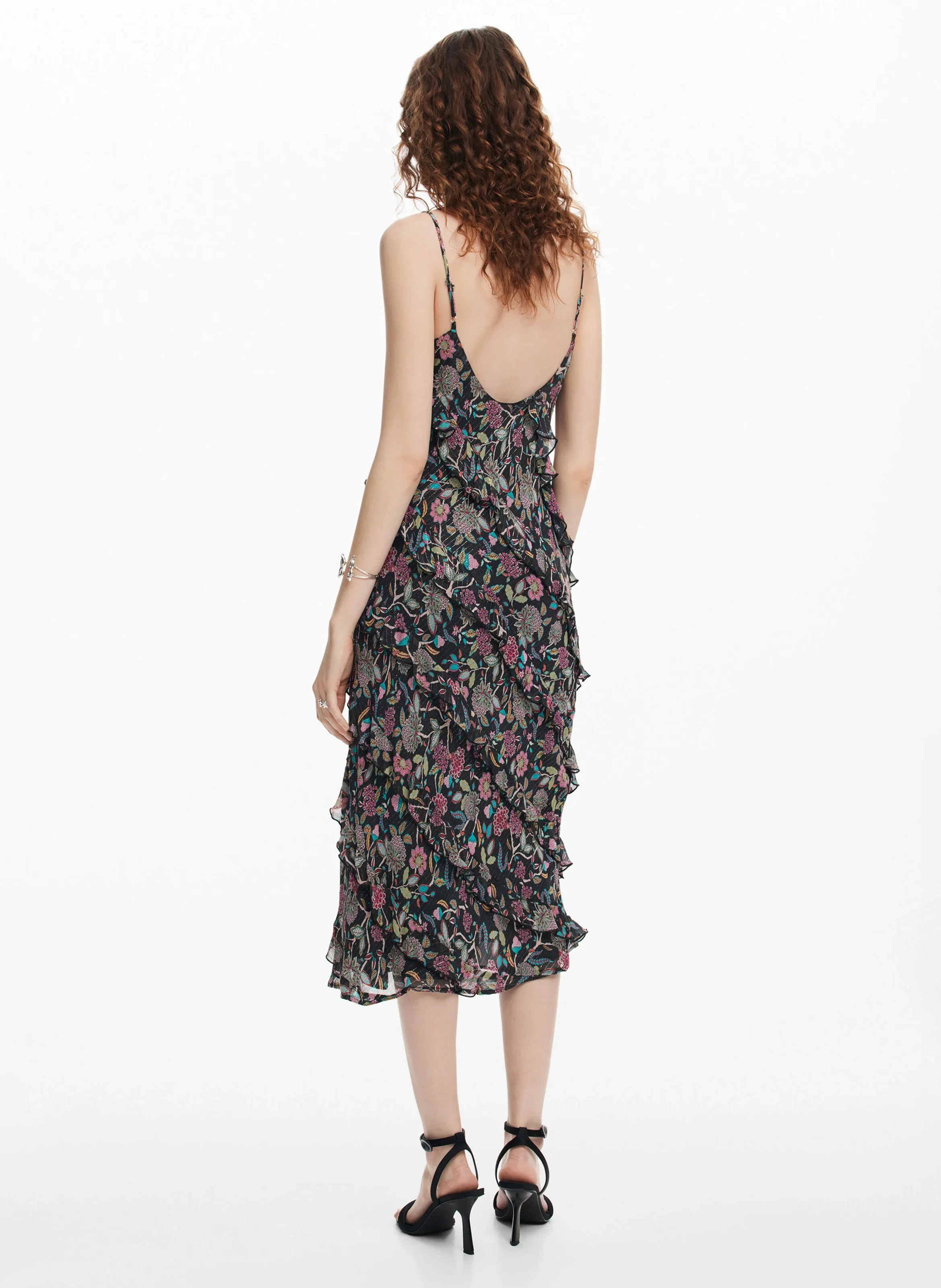 Robe midi col V imprimée | Noir