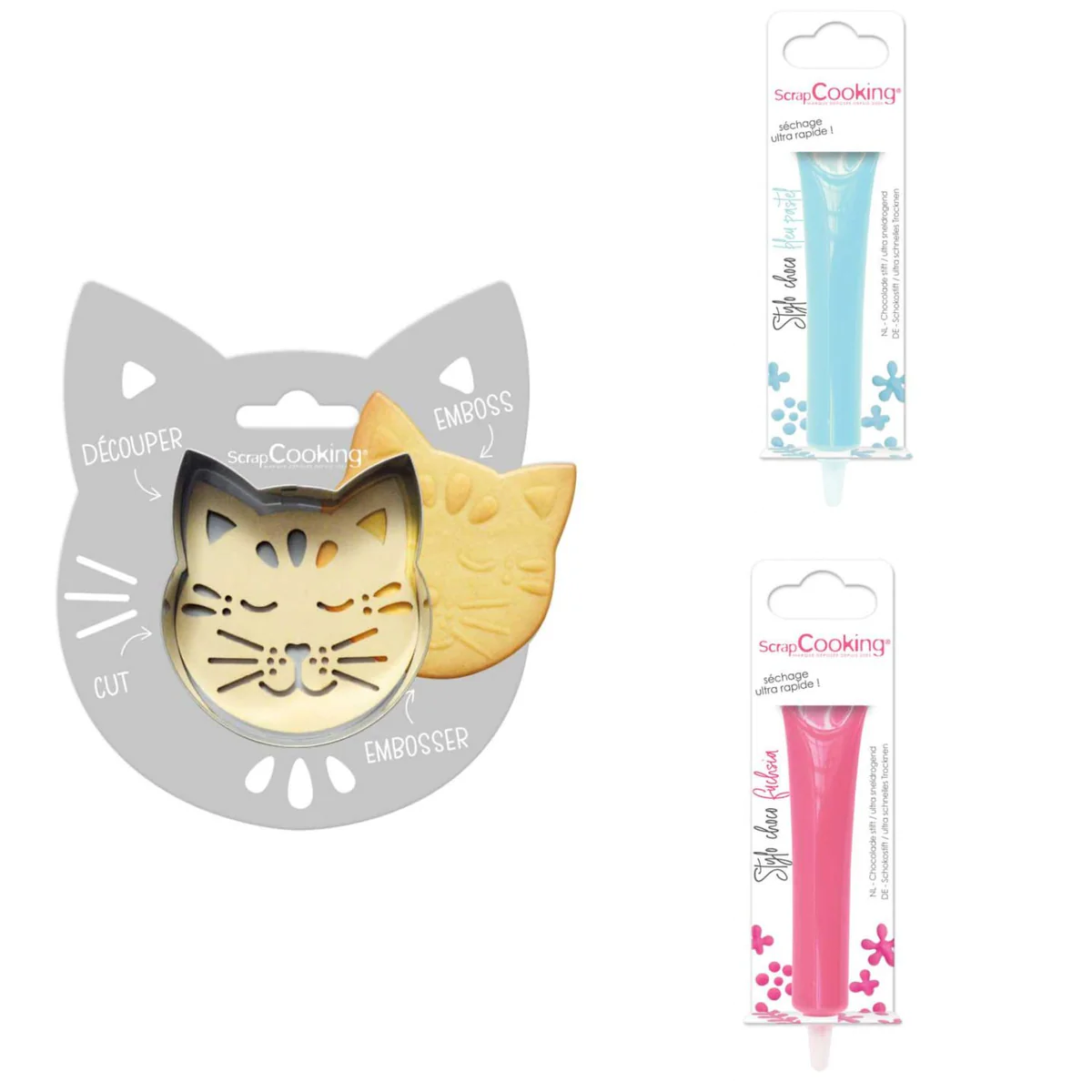 Kit pour biscuit en relief Chat + 2 Stylos au chocolat bleu pastel et