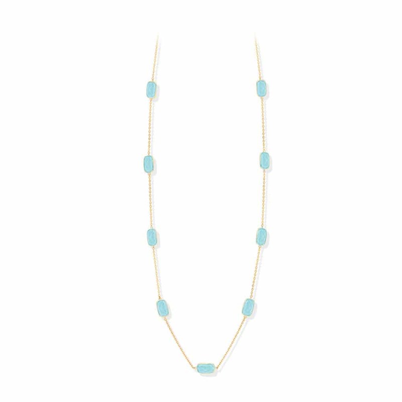 Collier Sautoir Argent Doré Galet Pierre Vert Eau
